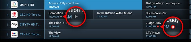 Once you have recorded a show, the  play icon will be visible in  the TV guide.