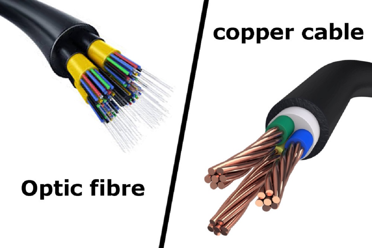 an illustration comparing optic fiber and copper cable